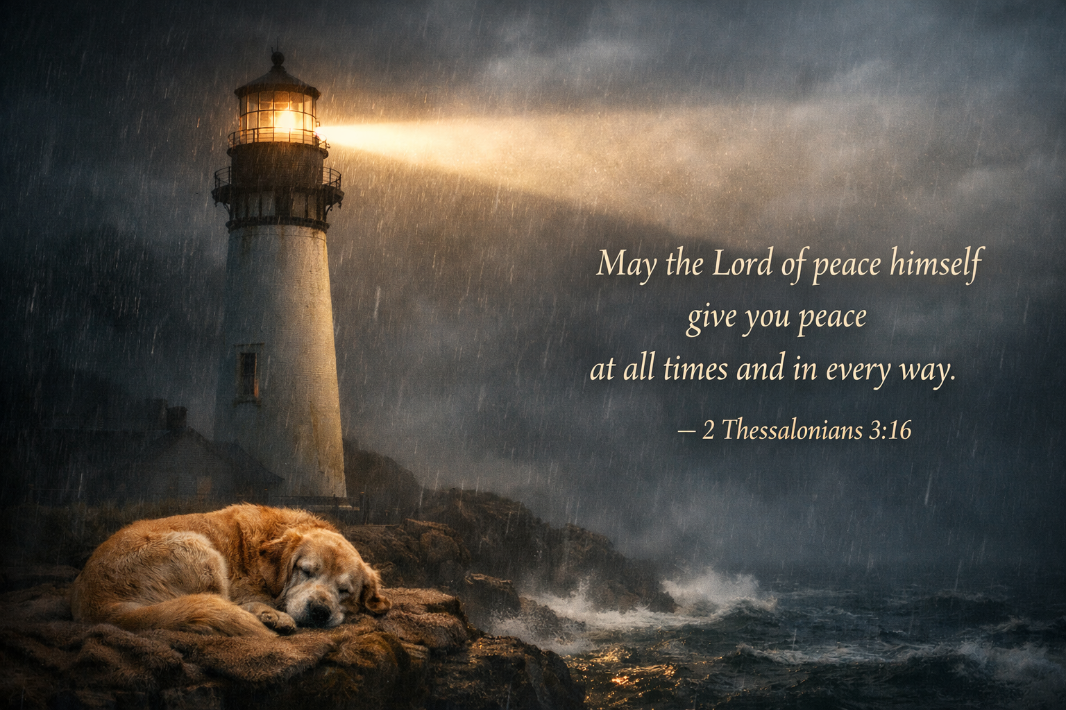 Bible verse wallpaper 2 Thessalonians 3:16 with lighthouse beam sweeping through fog and darkness